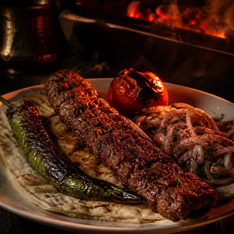 Beyaz tabakta adana kebap, közlenmiş biber ve domates